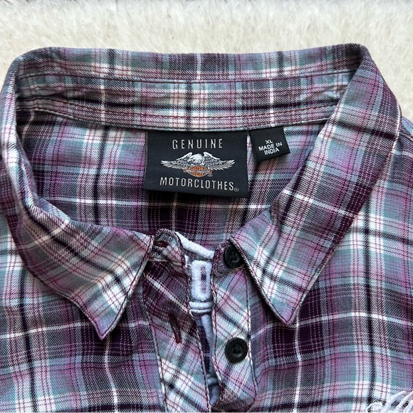 Harley Davidson Purple Plaid Button-Up Embroidered Flannel Shirt - Picture 2 of 5